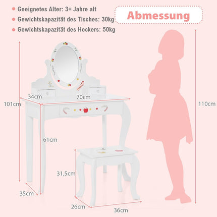 Children's dressing table & stool set dressing table with 360° rotating mirror white
