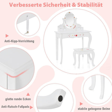 Children's dressing table & stool set dressing table with 360° rotating mirror white