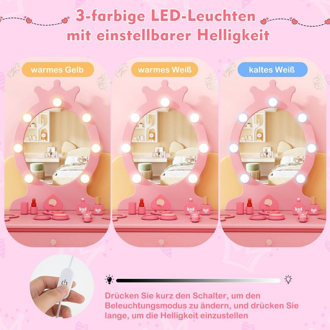 Kinderschminktisch mit Beleuchtung 2 in 1 Schminktisch Prinzessin mit abnehmbarem Spiegel Rosa