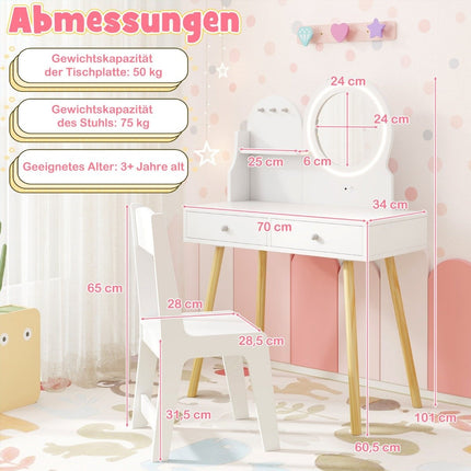 Children's dressing table with lighting 2 in 1 dressing table with mirror white