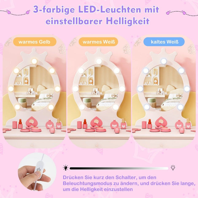 Kinderschminktisch mit Beleuchtung 2 in 1 Prinzessinnen-Schminktisch mit abnehmbarem Spiegel Weiß