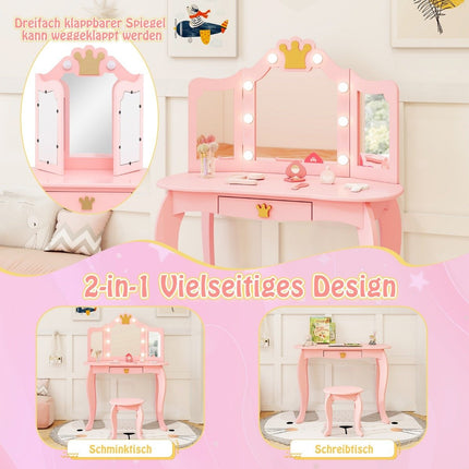Kinderschminktisch mit Beleuchtung, Mädchenschminktisch mit dreifach klappbarem Spiegel, rosa