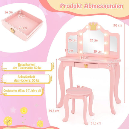 Kinderschminktisch mit Beleuchtung, Mädchenschminktisch mit dreifach klappbarem Spiegel, rosa