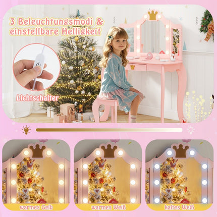 Kinderschminktisch mit Beleuchtung, Mädchenschminktisch mit dreifach klappbarem Spiegel, rosa