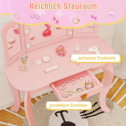 Kinderschminktisch mit Beleuchtung, Mädchenschminktisch mit dreifach klappbarem Spiegel, rosa