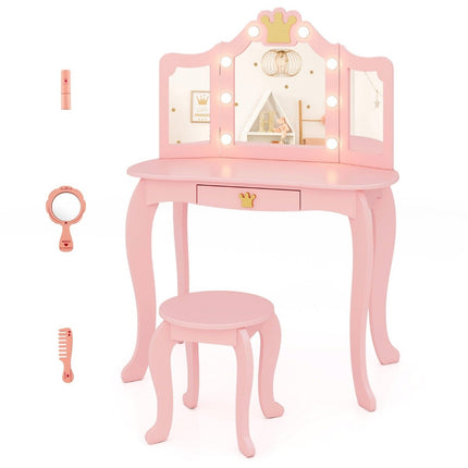 Kinderschminktisch mit Beleuchtung, Mädchenschminktisch mit dreifach klappbarem Spiegel, rosa