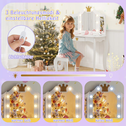 Kinderschminktisch mit Beleuchtung, Mädchenschminktisch mit dreifach klappbarem Spiegel, weiß
