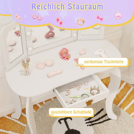 Kinderschminktisch mit Beleuchtung, Mädchenschminktisch mit dreifach klappbarem Spiegel, weiß