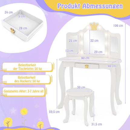 Kinderschminktisch mit Beleuchtung, Mädchenschminktisch mit dreifach klappbarem Spiegel, weiß