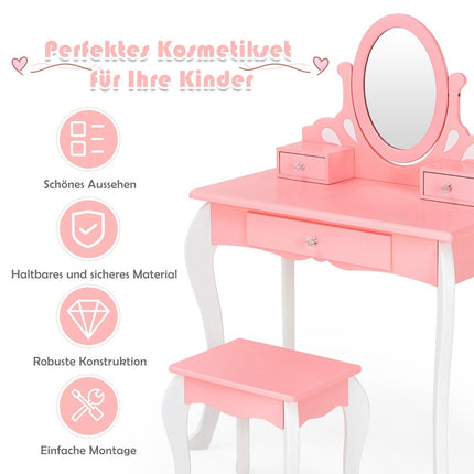 Dětský toaletní stolek se stoličkou, princeznovský stolek se 3 zásuvkami a zrcadlem, růžový