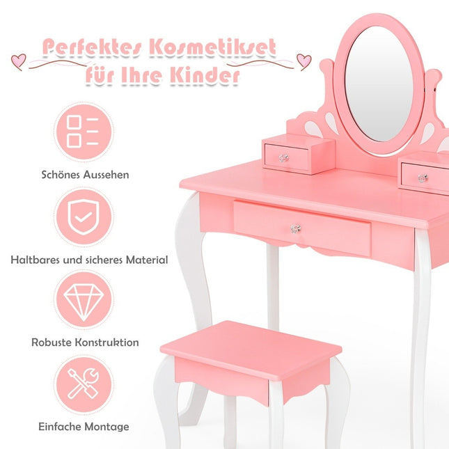 Kinderschminktisch mit Hocker Prinzessin Frisiertisch mit 3 Schubladen &amp; Spiegel rosa