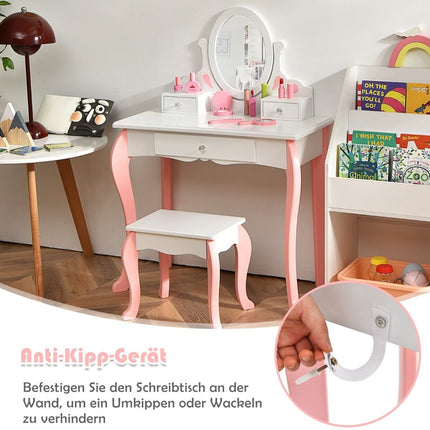 Kinderschminktisch mit Hocker Prinzessin Frisiertisch mit 3 Schubladen &amp; Spiegel weiß