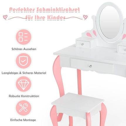 Kinderschminktisch mit Hocker Prinzessin Frisiertisch mit 3 Schubladen &amp; Spiegel weiß