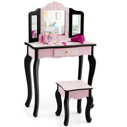 Coiffeuse pour enfant avec tabouret, miroir à trois volets et tiroir léopard