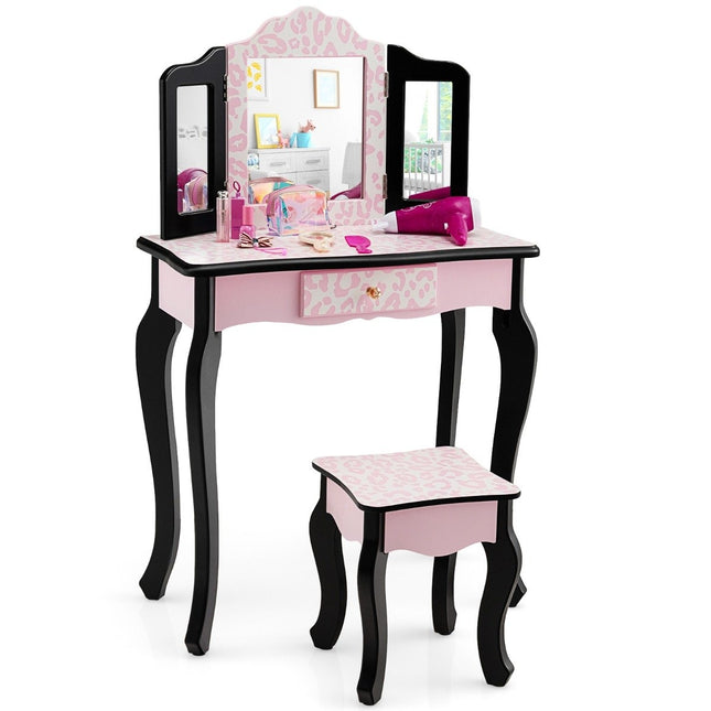 Kinder-Schminktisch mit Hocker &amp; dreifach klappbarem Spiegel &amp; Schublade Leopard