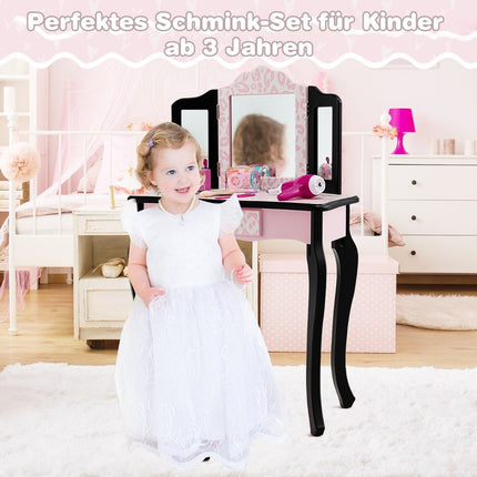 Coiffeuse pour enfant avec tabouret, miroir à trois volets et tiroir léopard