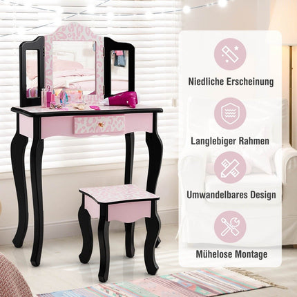 Coiffeuse pour enfant avec tabouret, miroir à trois volets et tiroir léopard