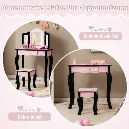 Coiffeuse pour enfant avec tabouret, miroir à trois volets et tiroir léopard