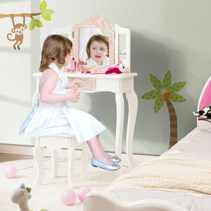 Coiffeuse pour enfant avec tabouret, miroir triple pliant et tiroir Zebra