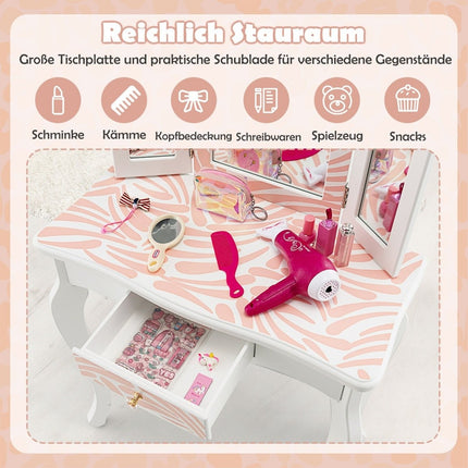 Coiffeuse pour enfant avec tabouret, miroir triple pliant et tiroir Zebra