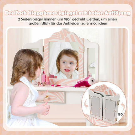 Coiffeuse pour enfant avec tabouret, miroir triple pliant et tiroir Zebra