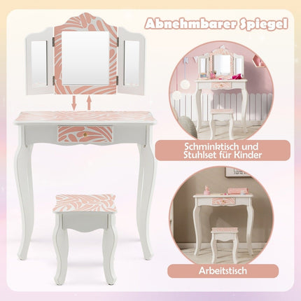 Coiffeuse pour enfant avec tabouret, miroir triple pliant et tiroir Zebra