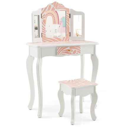 Coiffeuse pour enfant avec tabouret, miroir triple pliant et tiroir Zebra