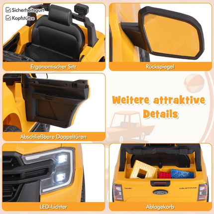 Kinder Elektroauto Ford 12V Kinderauto Elektro mit Fernbedienung &amp; Ablagekorb &amp; USB &amp; Musik Gelb