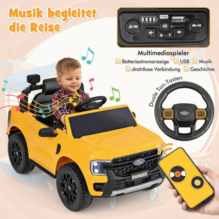 Kinder Elektroauto Ford 12V Kinderauto Elektro mit Fernbedienung &amp; Ablagekorb &amp; USB &amp; Musik Gelb