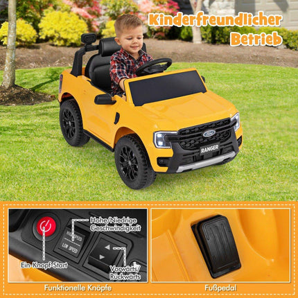 Kinder Elektroauto Ford 12V Kinderauto Elektro mit Fernbedienung &amp; Ablagekorb &amp; USB &amp; Musik Gelb