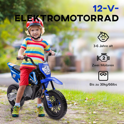 Moto électrique pour enfants, moto pour enfants 12V avec musique, véhicule pour enfants avec roues d'entraînement amovibles, 2,4-5 km/h, pour enfants de 3 à 6 ans, max. 30 kg, bleu