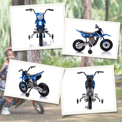 Moto électrique pour enfants, moto pour enfants 12V avec musique, véhicule pour enfants avec roues d'entraînement amovibles, 2,4-5 km/h, pour enfants de 3 à 6 ans, max. 30 kg, bleu