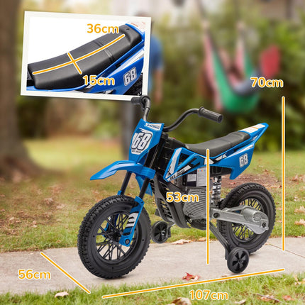 Moto électrique pour enfants, moto pour enfants 12V avec musique, véhicule pour enfants avec roues d'entraînement amovibles, 2,4-5 km/h, pour enfants de 3 à 6 ans, max. 30 kg, bleu