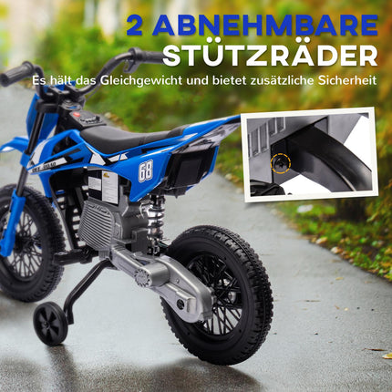 Moto électrique pour enfants, moto pour enfants 12V avec musique, véhicule pour enfants avec roues d'entraînement amovibles, 2,4-5 km/h, pour enfants de 3 à 6 ans, max. 30 kg, bleu