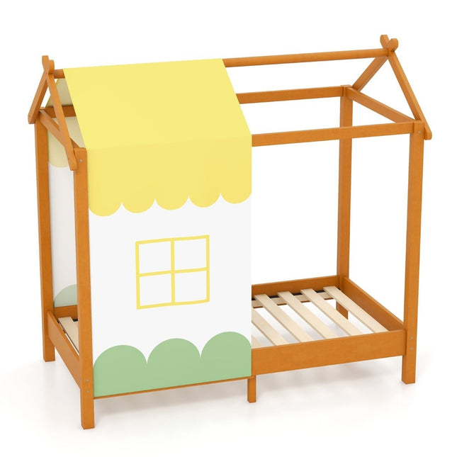 Kinderhausbett mit Dach &amp; abnehmbarem Betthimmel &amp; 12 Massivholzlatten Bodenbettrahmen