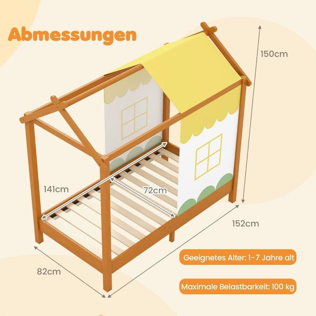 Kinderhausbett mit Dach &amp; abnehmbarem Betthimmel &amp; 12 Massivholzlatten Bodenbettrahmen