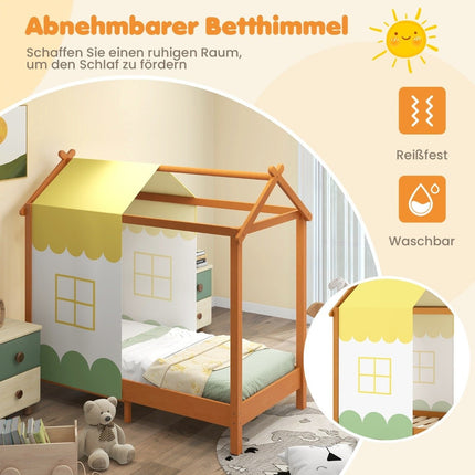 Kinderhausbett mit Dach &amp; abnehmbarem Betthimmel &amp; 12 Massivholzlatten Bodenbettrahmen