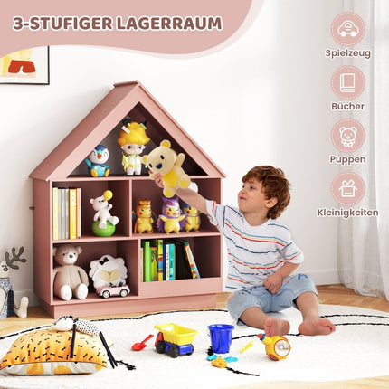 Kinder Bücherregal in Hausform, Kinderregal aus Holz mit 5 Fächern, 88 x 34 x 108 cm, rosa
