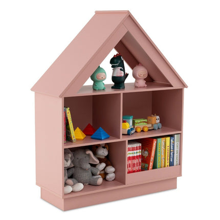 Kinder Bücherregal in Hausform, Kinderregal aus Holz mit 5 Fächern, 88 x 34 x 108 cm, rosa