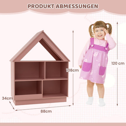 Kinder Bücherregal in Hausform, Kinderregal aus Holz mit 5 Fächern, 88 x 34 x 108 cm, rosa
