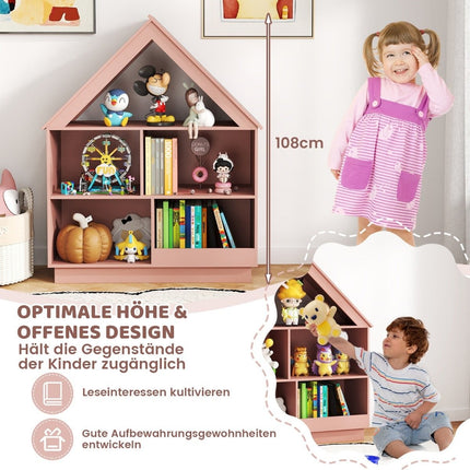 Kinder Bücherregal in Hausform, Kinderregal aus Holz mit 5 Fächern, 88 x 34 x 108 cm, rosa