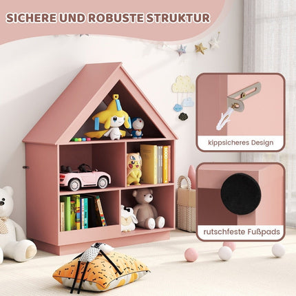 Kinder Bücherregal in Hausform, Kinderregal aus Holz mit 5 Fächern, 88 x 34 x 108 cm, rosa