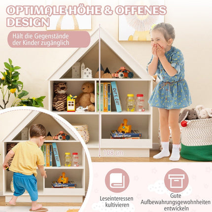 Kinderbücherregal in Hausform, Kinderregal aus Holz mit 5 Fächern, 88 x 34 x 108 cm, weiß