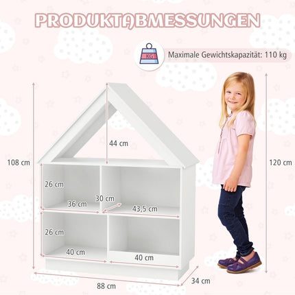 Kinderbücherregal in Hausform, Kinderregal aus Holz mit 5 Fächern, 88 x 34 x 108 cm, weiß