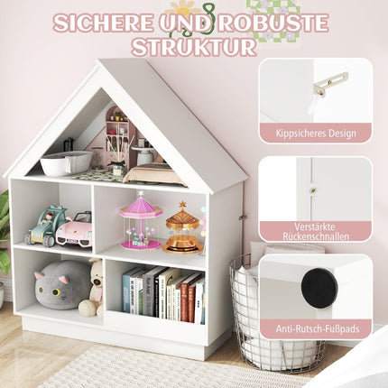 Kinderbücherregal in Hausform, Kinderregal aus Holz mit 5 Fächern, 88 x 34 x 108 cm, weiß