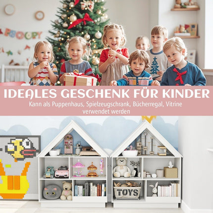 Kinderbücherregal in Hausform, Kinderregal aus Holz mit 5 Fächern, 88 x 34 x 108 cm, weiß