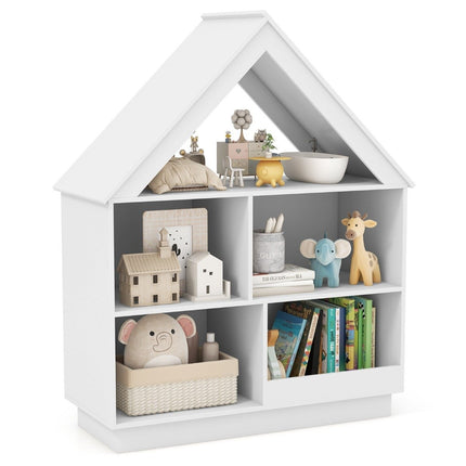 Kinderbücherregal in Hausform, Kinderregal aus Holz mit 5 Fächern, 88 x 34 x 108 cm, weiß