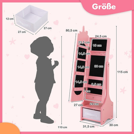 Kinder Schmuckschrank 2 in 1 Kippspiegelschrank mit Ganzkörperspiegel rosa