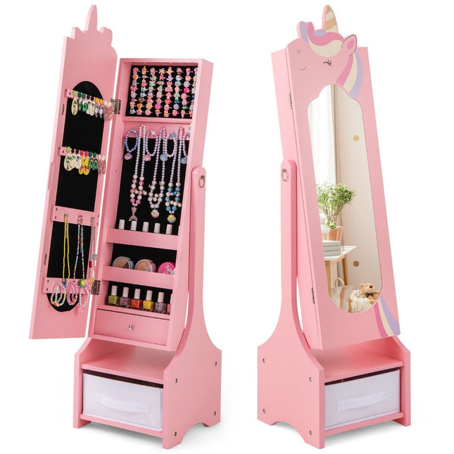 Children's jewelry cabinet 2 in 1 tilting mirror cabinet with full-length mirror pink