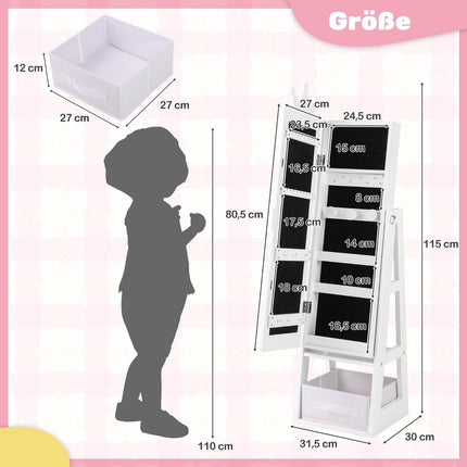 Kinder Schmuckschrank 3 in 1 Kippspiegelschrank mit Ganzkörperspiegel weiß